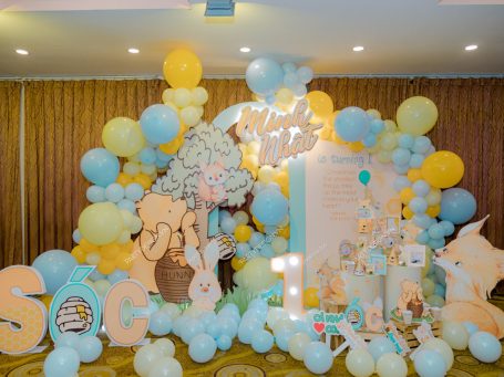 Backdrop trang trí tiệc sinh nhật chủ đề Gấu Pooh - bé Minh Nhật