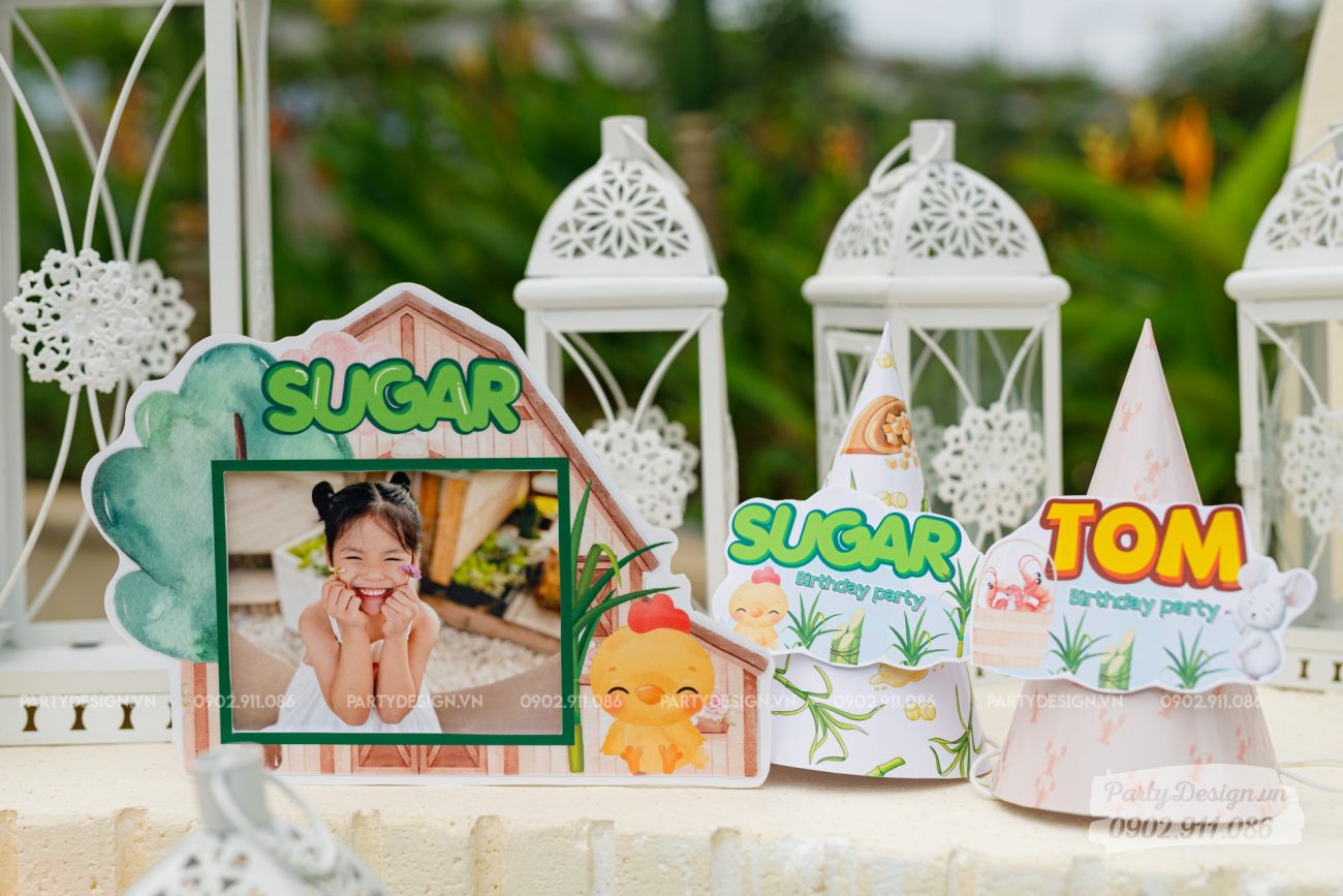 Khung ảnh và hộp bắp trang trí tiệc sinh nhật chủ đề Nông Trại - bé Sugar _ bé Tom