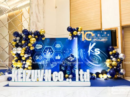 Mẫu backdrop sinh nhật công ty, màu xanh dương, công nghệ và hiện đại - Keizuvn