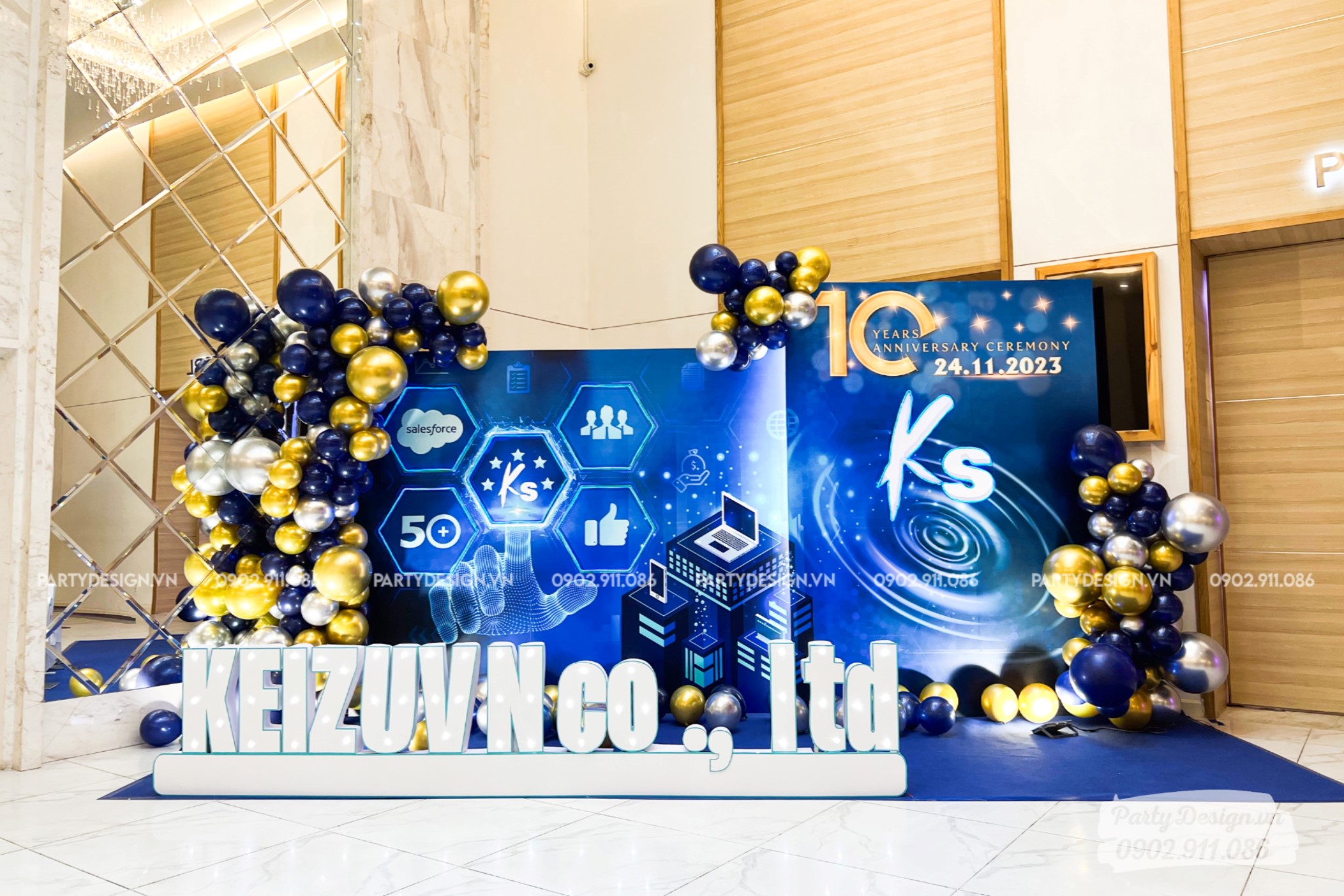 Mẫu backdrop sinh nhật công ty, màu xanh dương, công nghệ và hiện đại - Keizuvn