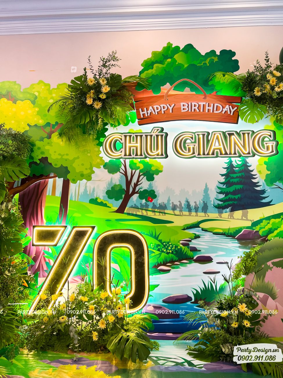 Tên đèn Neon - backdrop chủ đề rừng xanh, suối, bộ đội - Sinh nhật chú Giang, chủ tịch May Phương Đông(5)